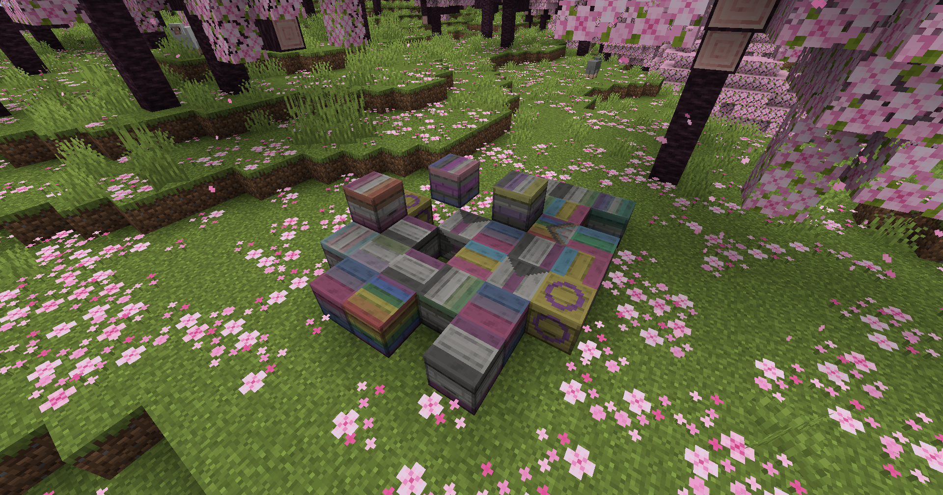 An assortment of pride-colored beehives in a Cherry Grove biome